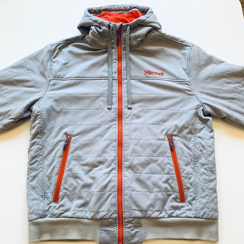 Marmot Men's Grey Orange Insulated Softshell Full Zip Hoodie Jacket 53100 Medium